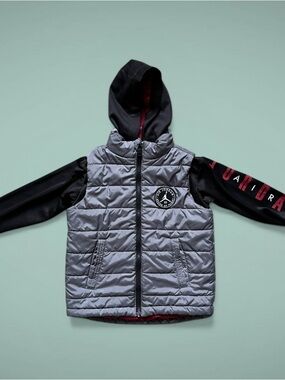 Jordan Quilted Gray Puffer Jacket with Black Hood and Sleeves